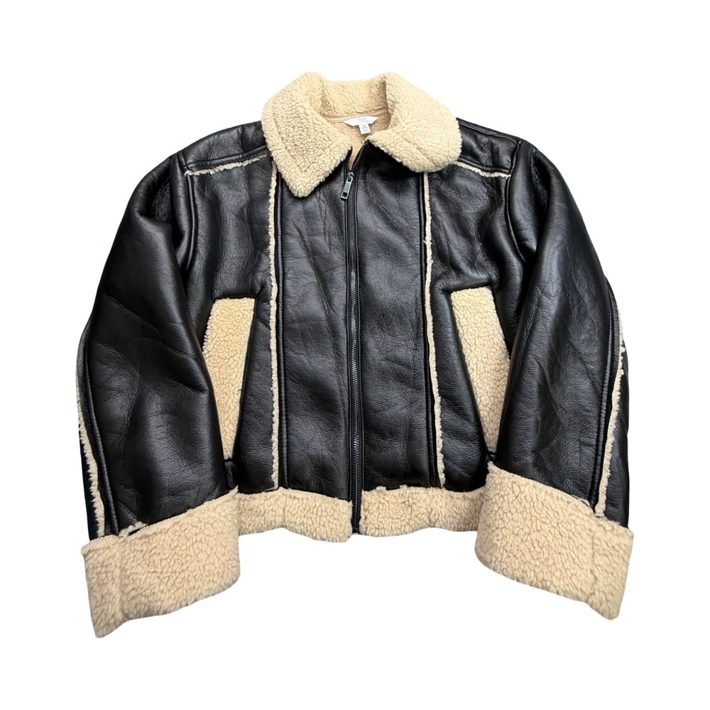 Time and Tru Aviator Jacket Women XS Black Faux Leather Shearling Western